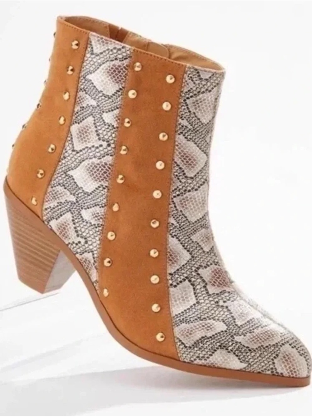 Cato Tan Suede & Snake-Print Studded Ankle Boots